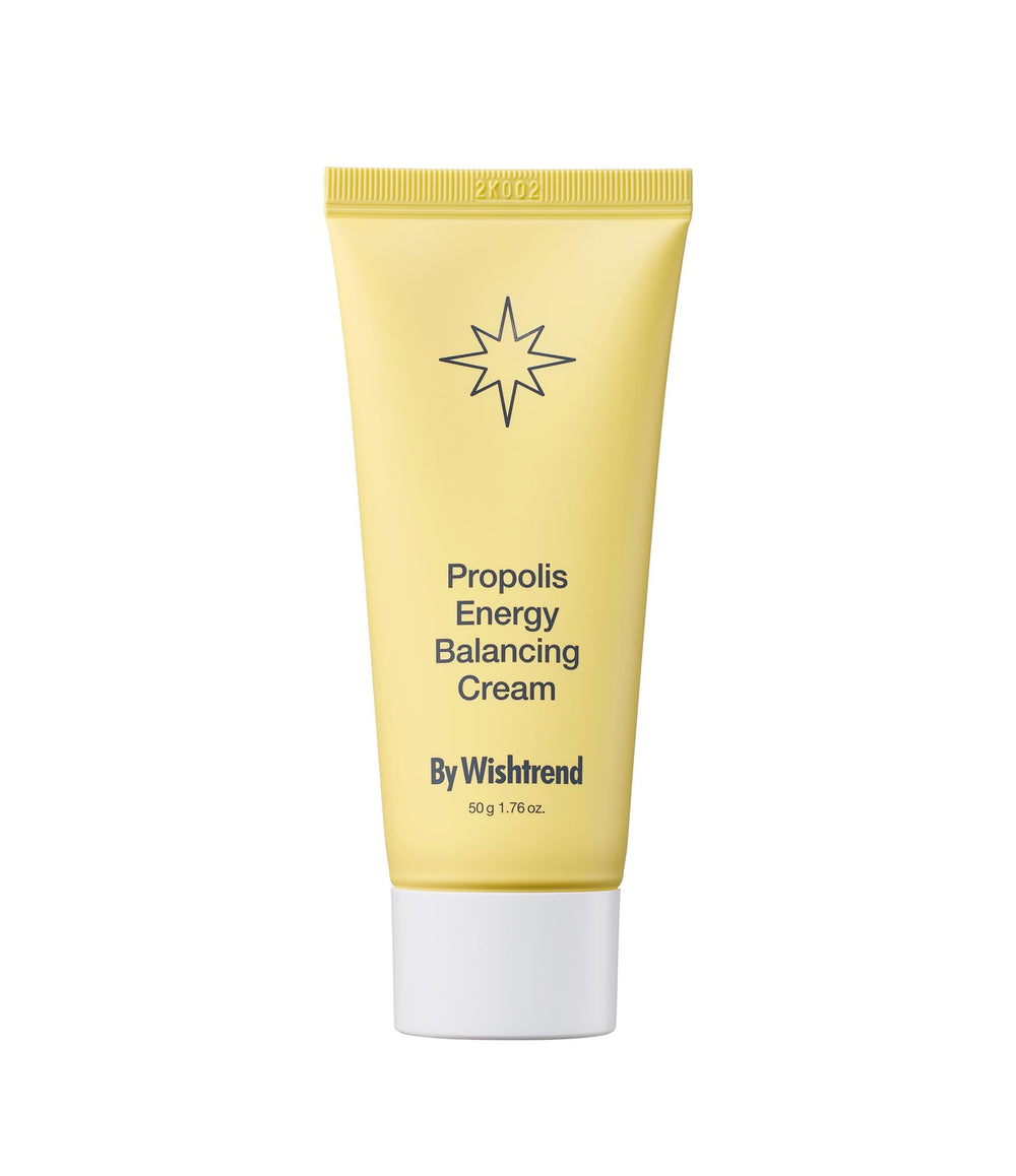 BY WISHTREND Propolis Energy Balancing Cream bottle pour supports lightweight hydration.