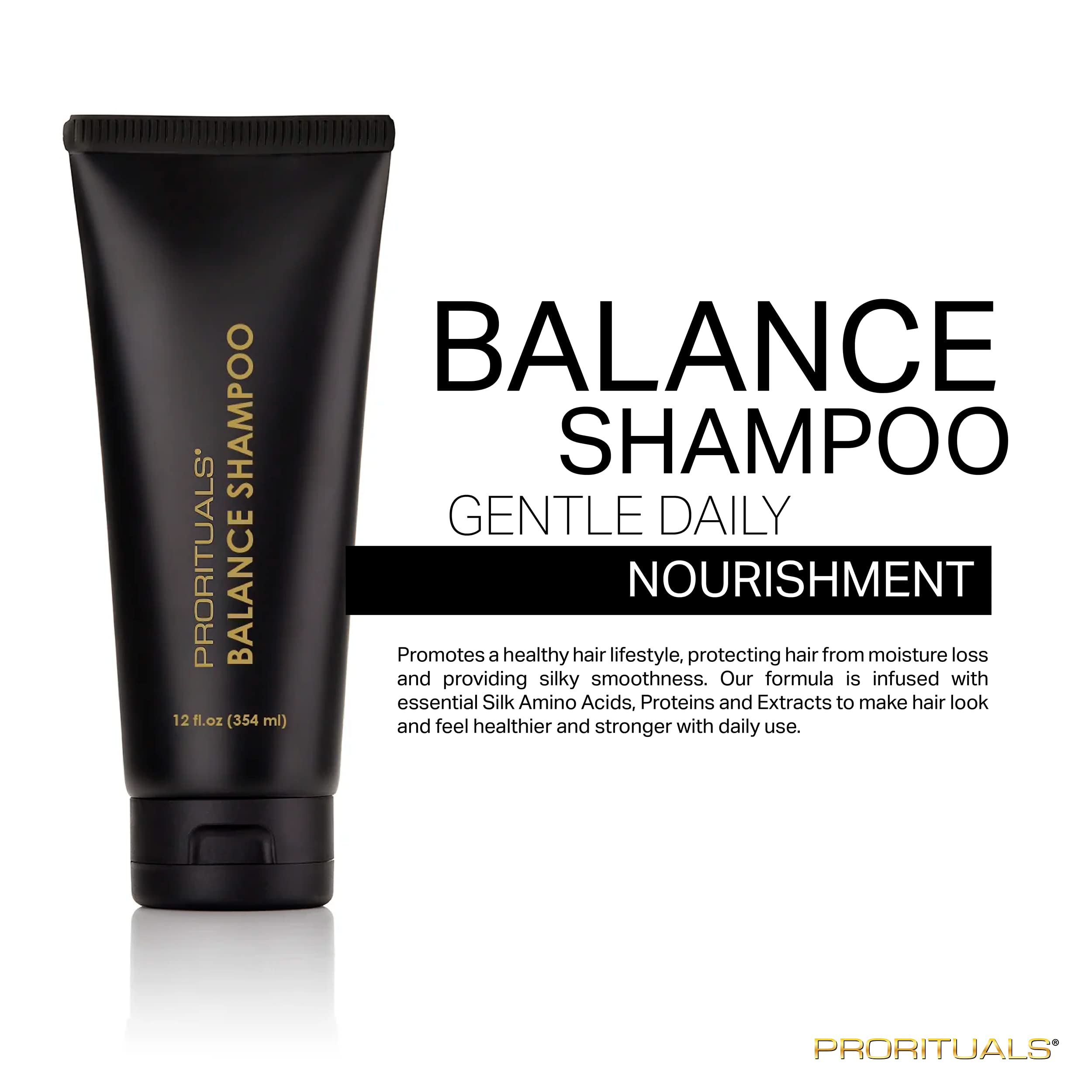 Prorituals Balance Shampoo ingredients panel with geranium and yarrow for scalp balance