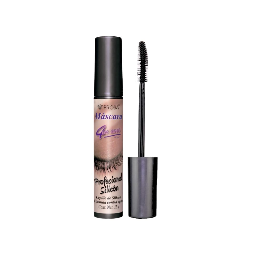Prosa 4-in-1 silicone brush mascara bottle demonstrates waterproof wear for defined lashes.