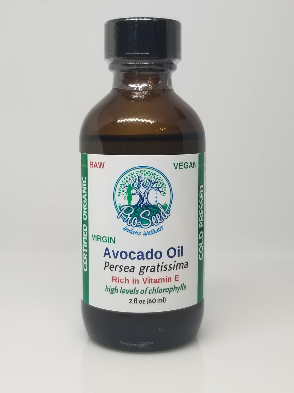 ProSeed Avocado Oil bottle with label detail signals hexane-free, fragrance-free quality.