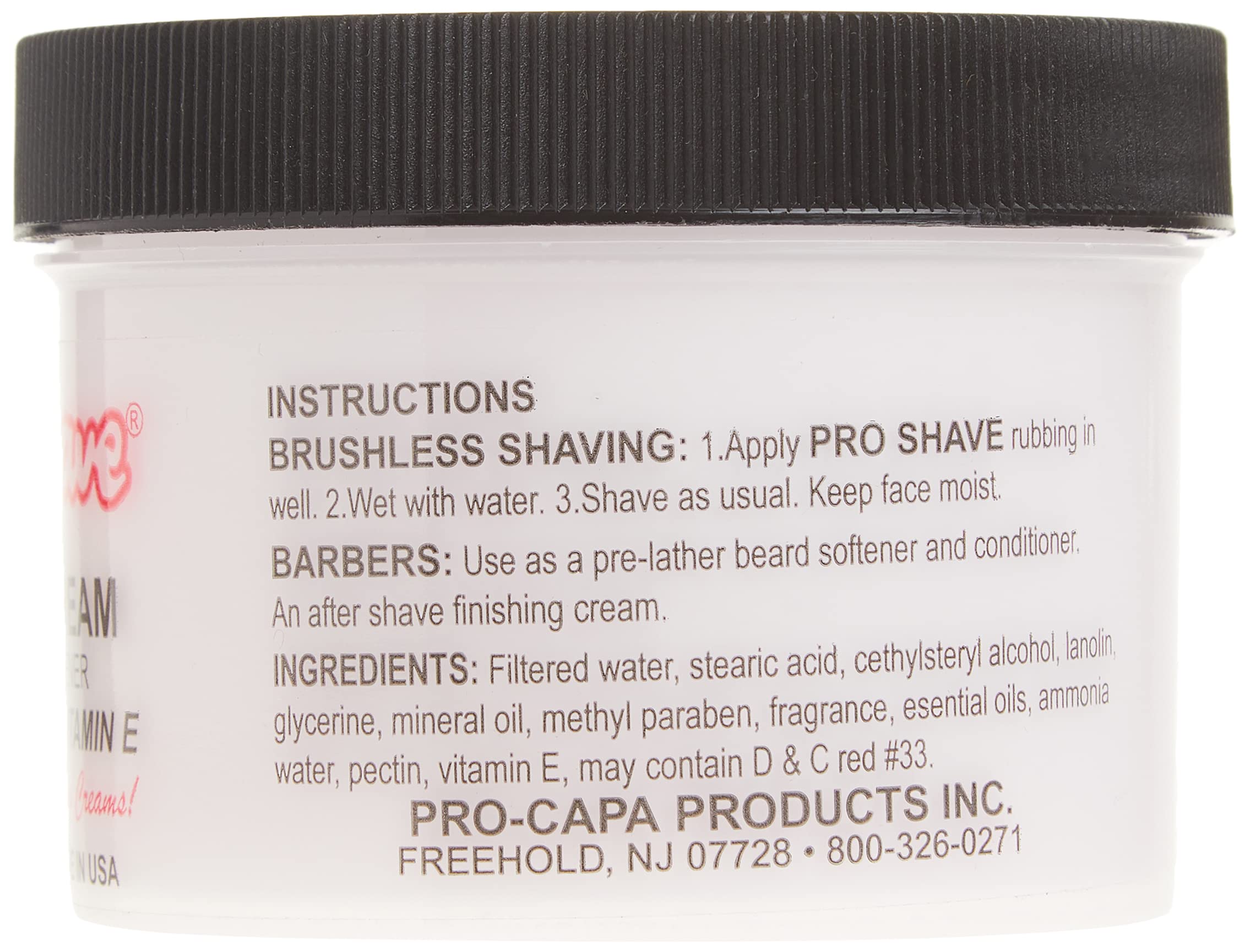 Proshave shaving cream ingredients highlight lanolin and vitamin E for skin nourishment.