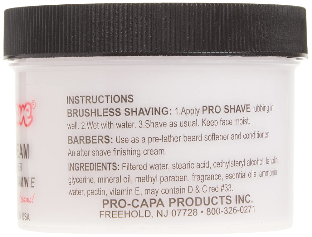 Proshave shaving cream ingredients highlight lanolin and vitamin E for skin nourishment.