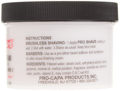 Proshave shaving cream ingredients highlight lanolin and vitamin E for skin nourishment.