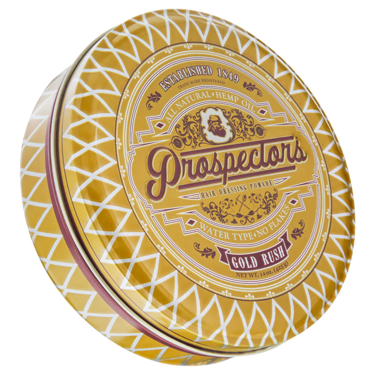 Prospectors Gold Rush 14oz tin front view showing a clean hold.