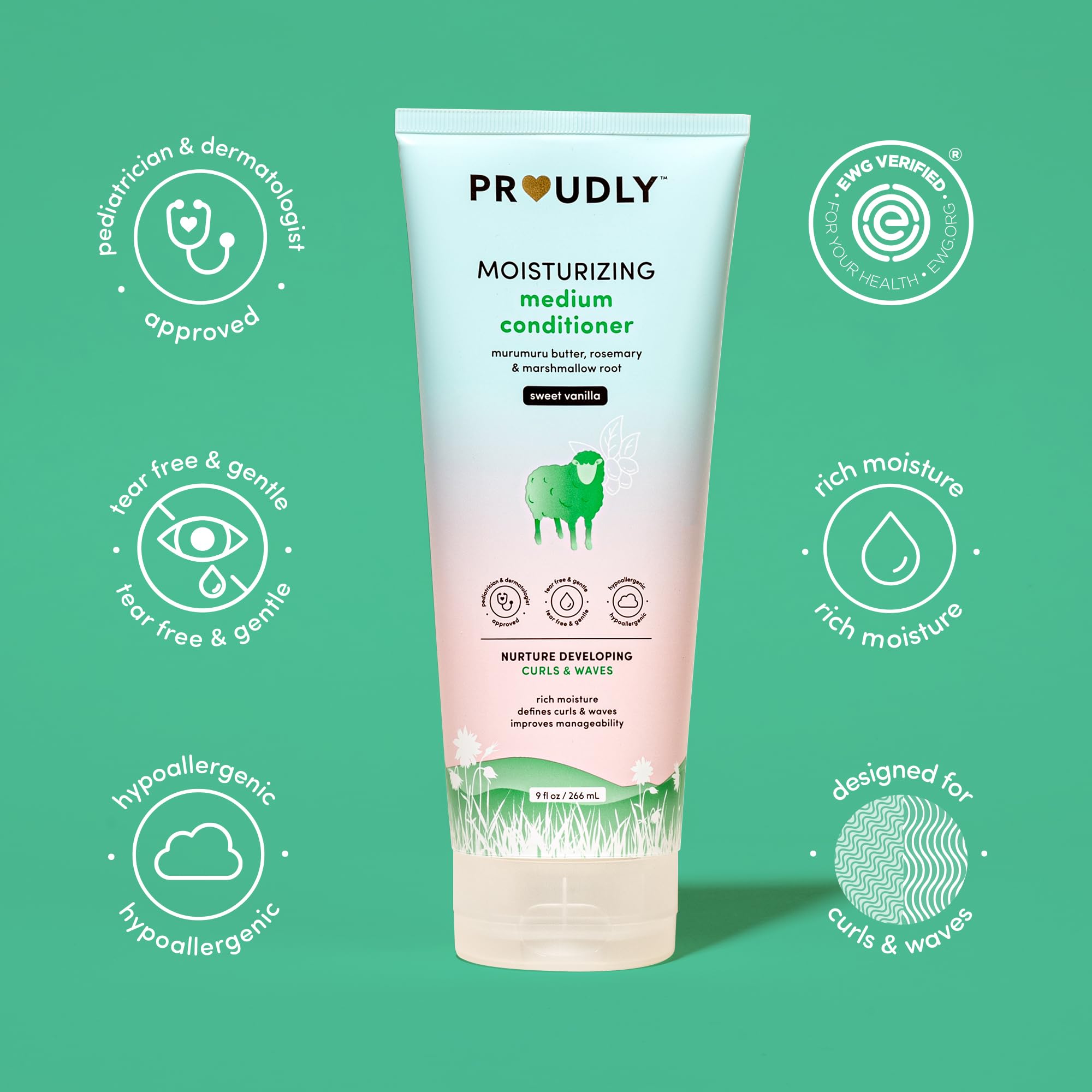 PROUDLY Moisturizing Baby Conditioner cream-texture closeup highlights creamy slip for detangling.