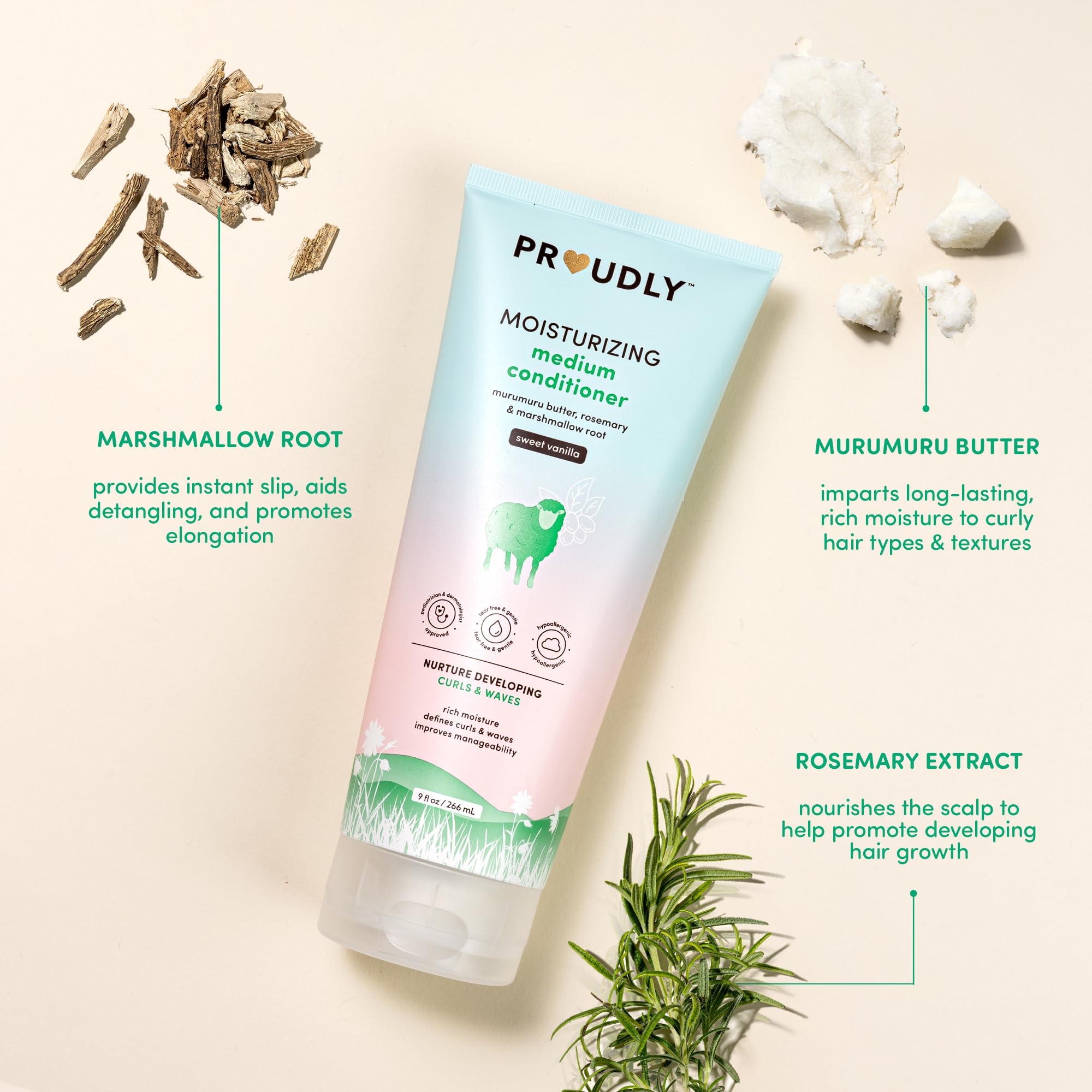 PROUDLY Moisturizing Baby Conditioner hair-definition image shows smooth curls forming without heaviness.