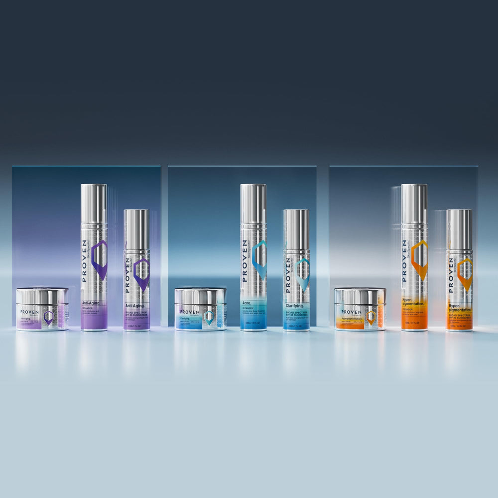 Boxed PROVEN SkinSpecific 3-step routine packaging, ready for daily use.