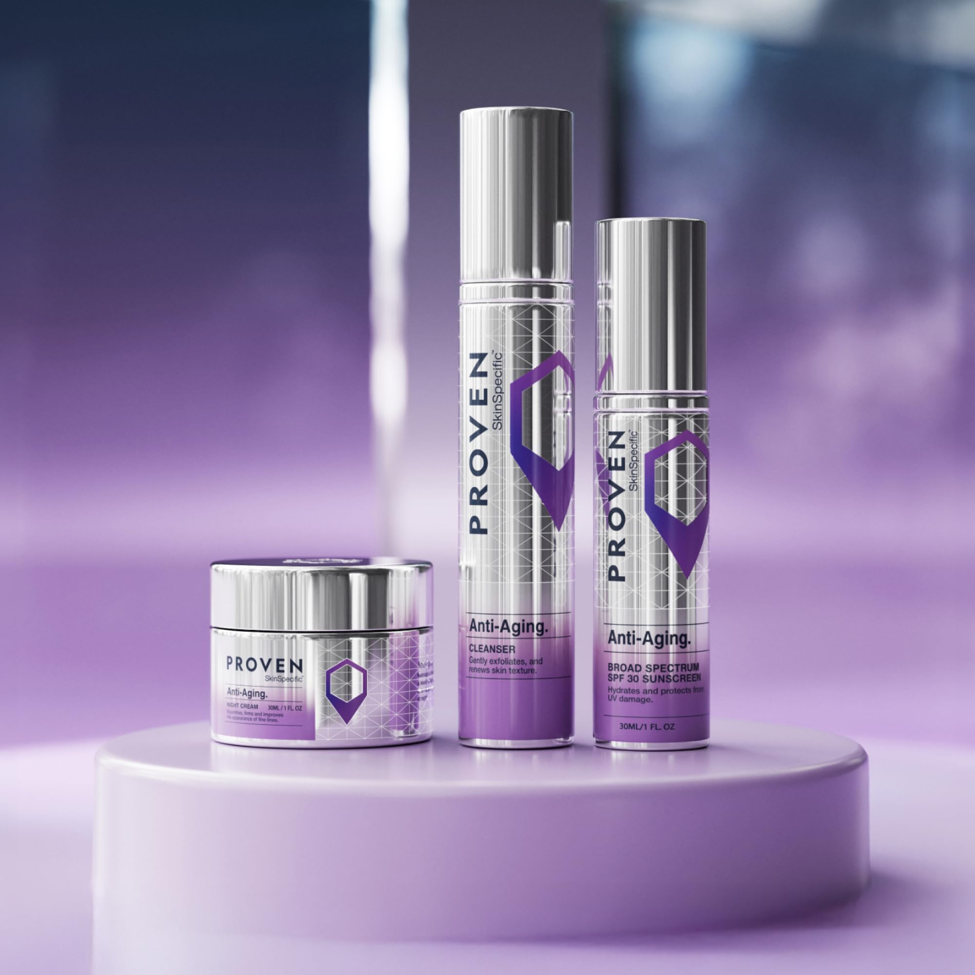 Sunscreen being dispensed by PROVEN SkinSpecific product, easy daily SPF protection.