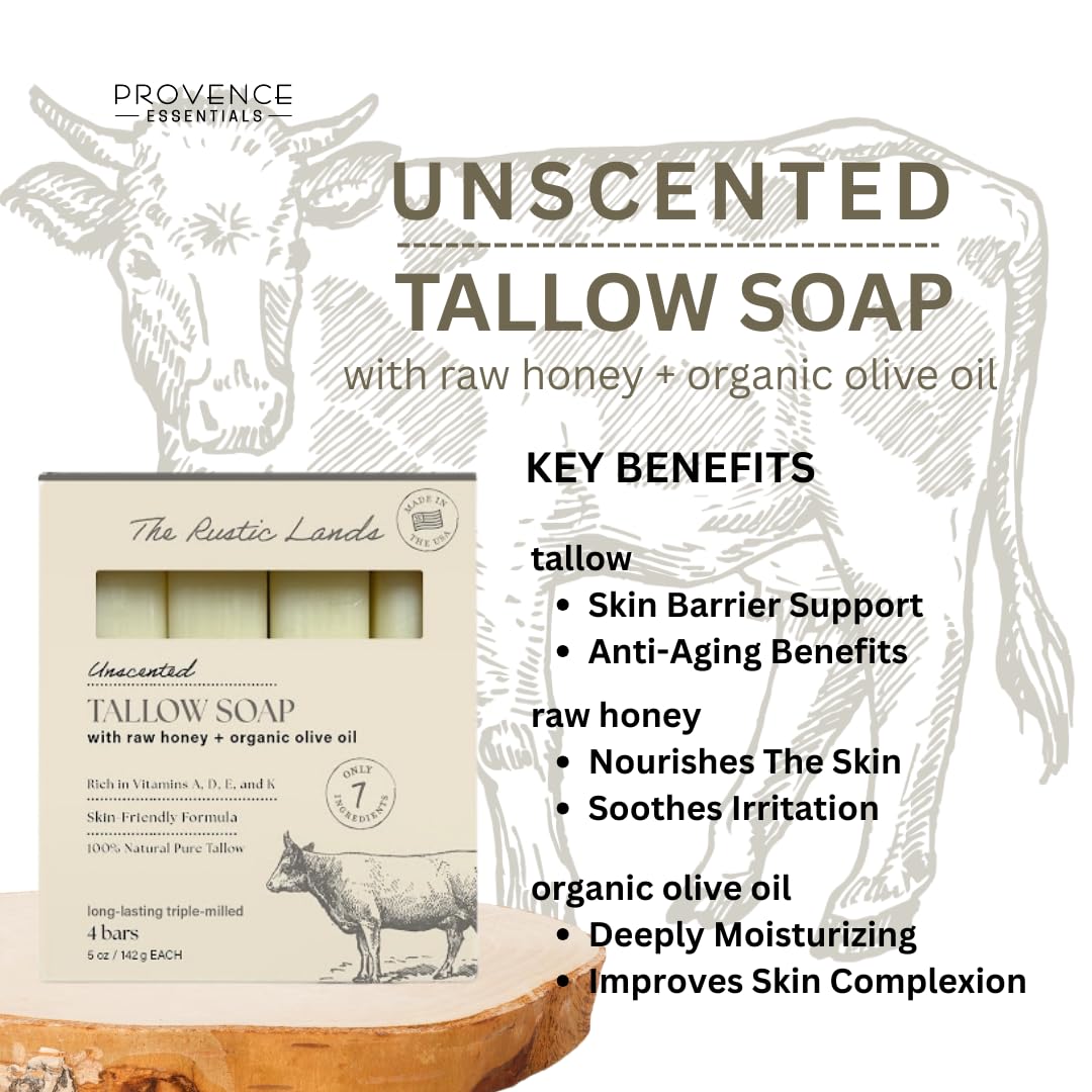 PROVENCE ESSENTIALS bar shows raw honey infusion for creamy lather and mild cleansing