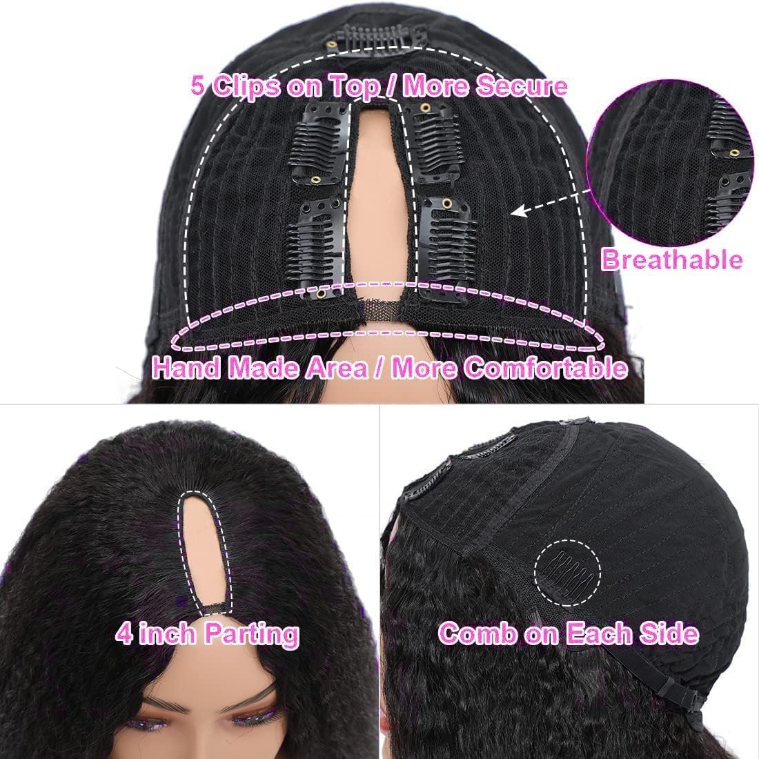 Prtyopp Kinky straight wig highlighting adjustable strap for secure fit