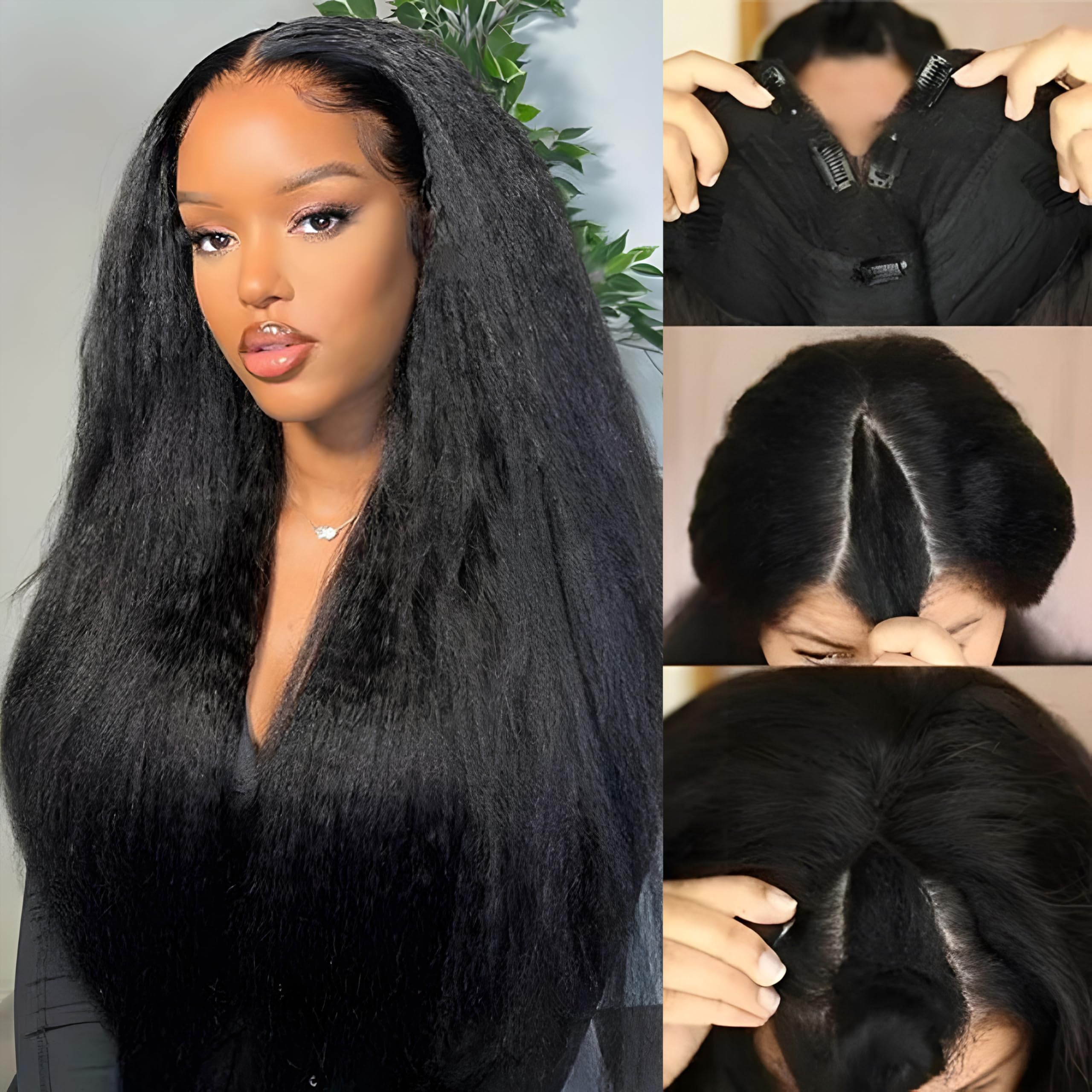 Prtyopp V Part Wig kinky straight 16in close-up shows natural hairline and realistic texture