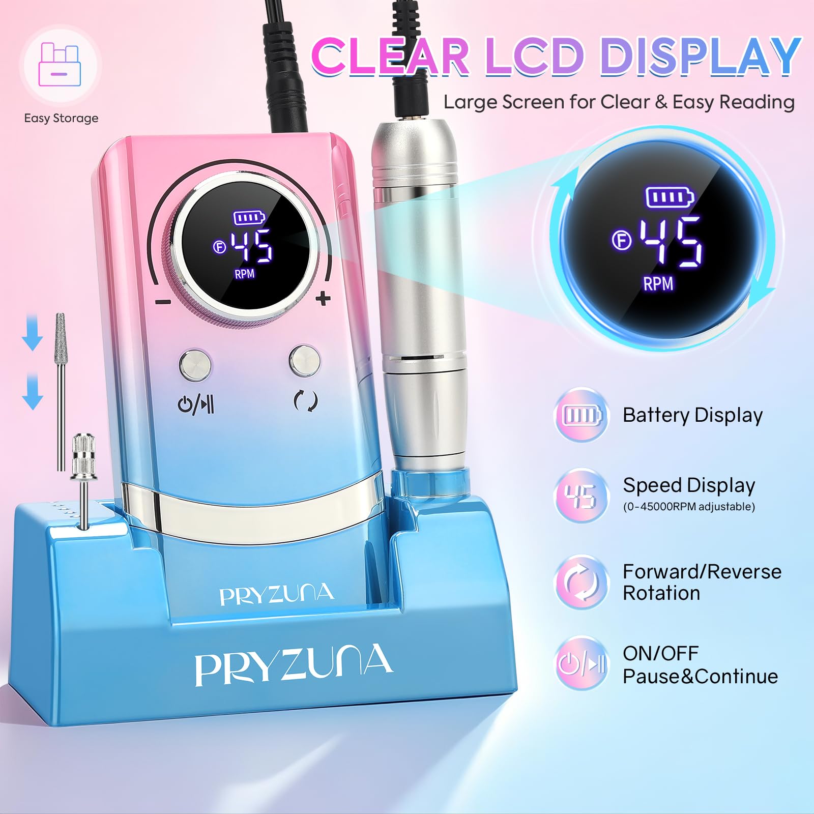 PRYZUNA Electric Nail Drill includes 7 drill bits for versatile shaping and prep.