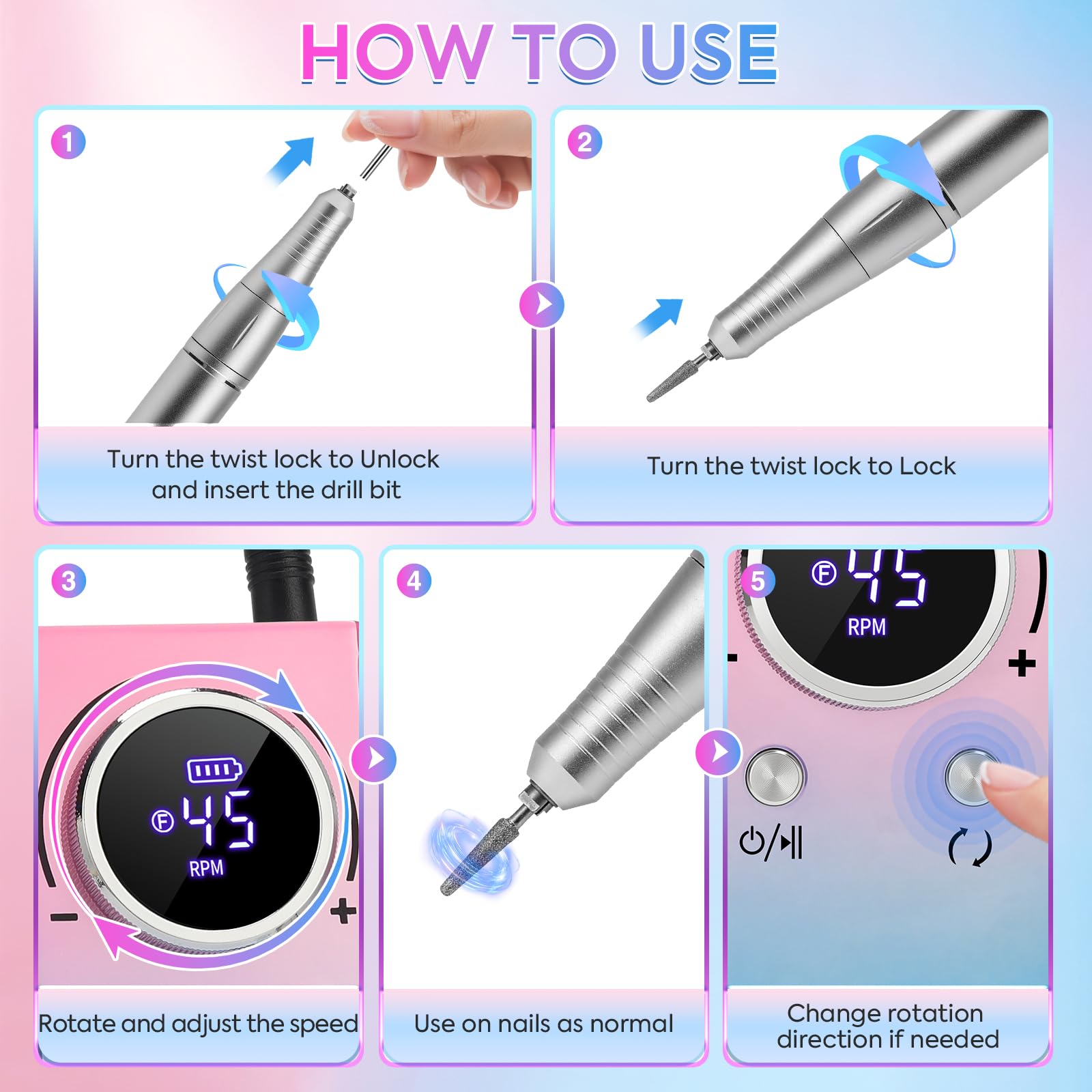 PRYZUNA ergonomic handpiece design reduces fatigue during long manicures.