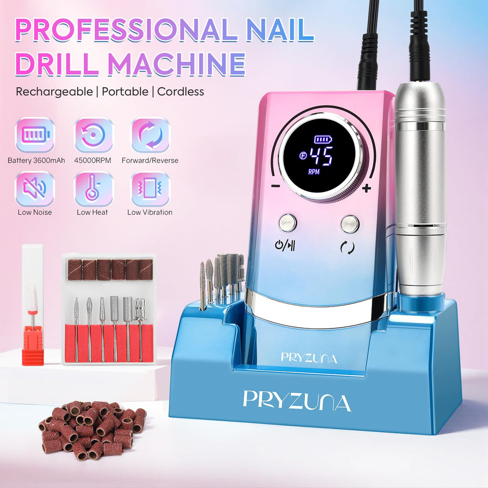 PRYZUNA Electric Nail Drill LCD display reveals speed and battery status for precise control.