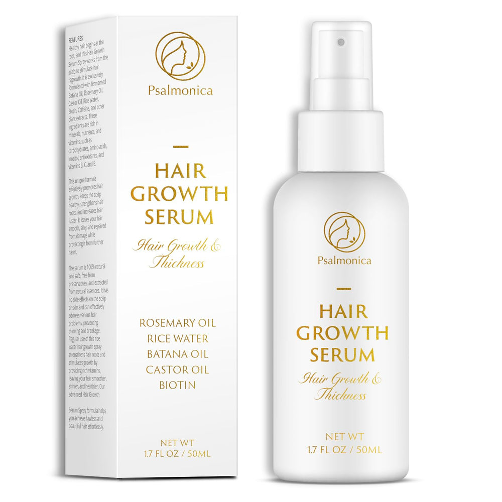 Psalmonica Hair Growth Serum bottle close-up highlighting a formula for thicker-looking hair