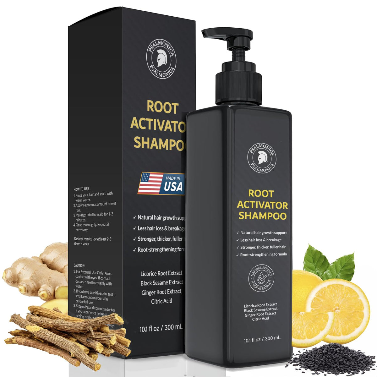 Psalmonica Root Activator Shampoo bottle close-up for daily scalp care.
