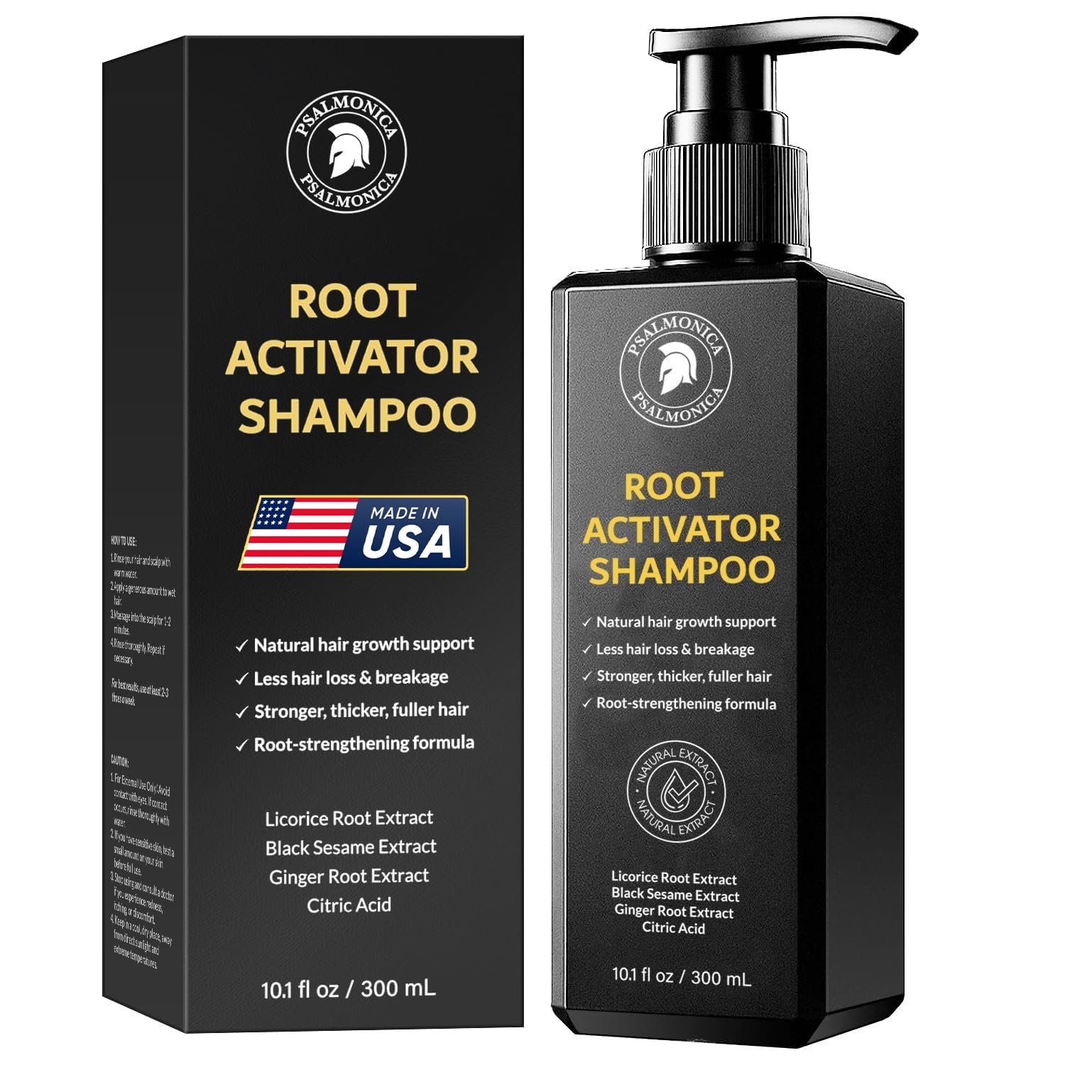 Psalmonica Root Activator Shampoo bottle front highlighting herbal formula for scalp health.