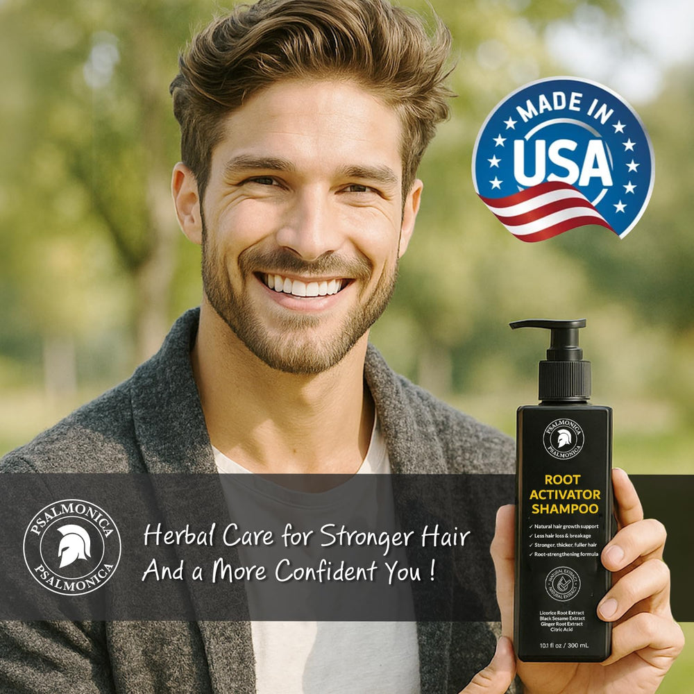Psalmonica Root Activator Shampoo shown in daily shower routine.