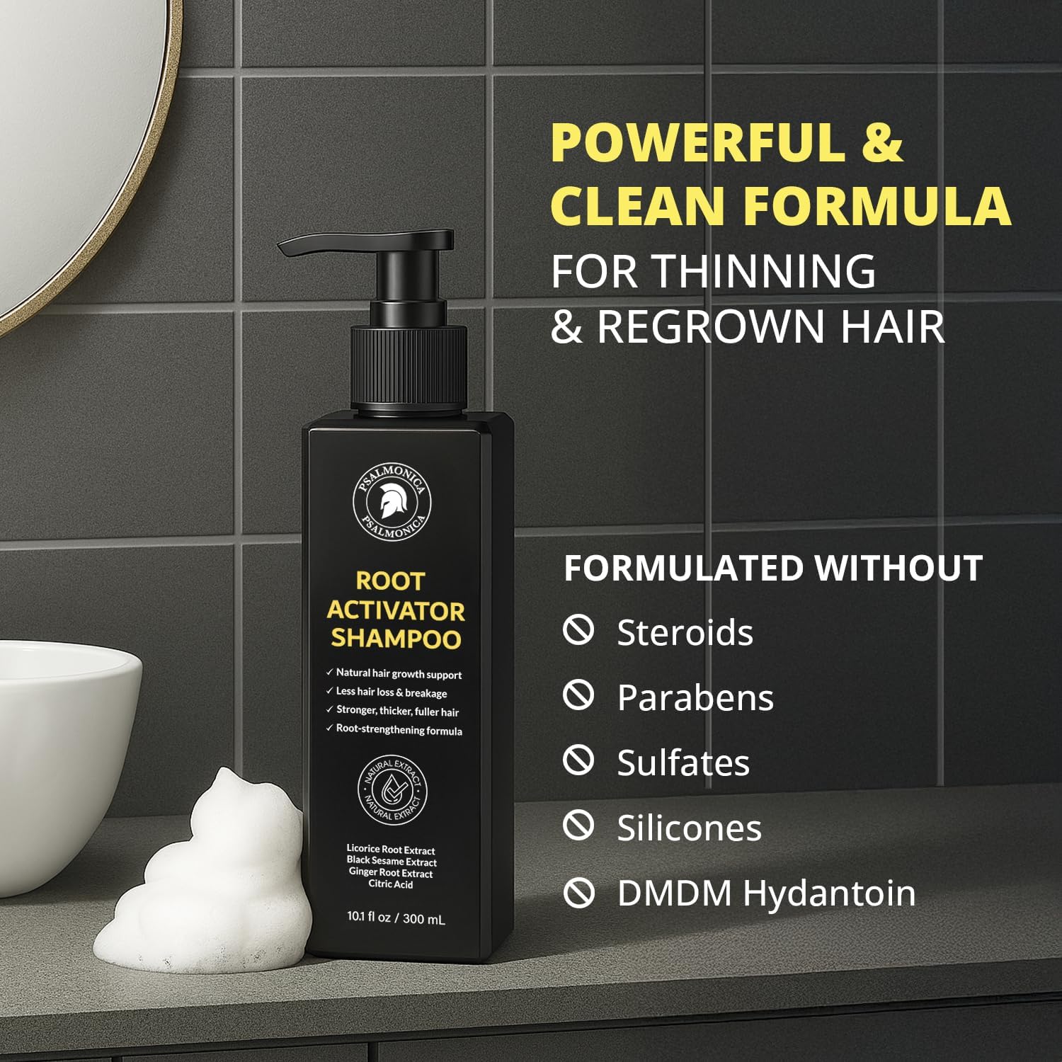 Psalmonica Root Activator Shampoo herbal ingredients panel highlights ginger and rosemary.