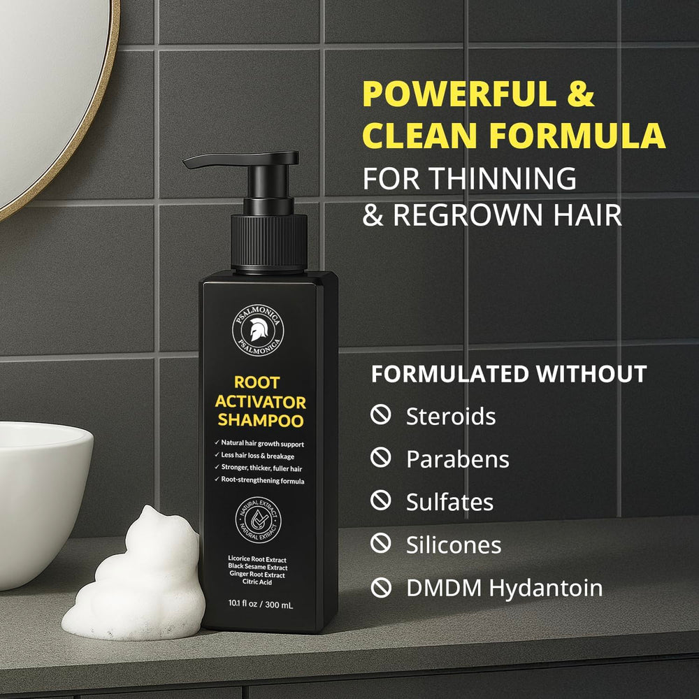Psalmonica Root Activator Shampoo herbal ingredients panel highlights ginger and rosemary.