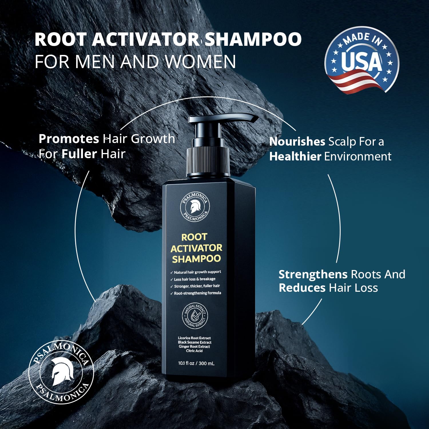 Psalmonica shampoo liquid texture demonstrates rich foam for gentle cleansing.