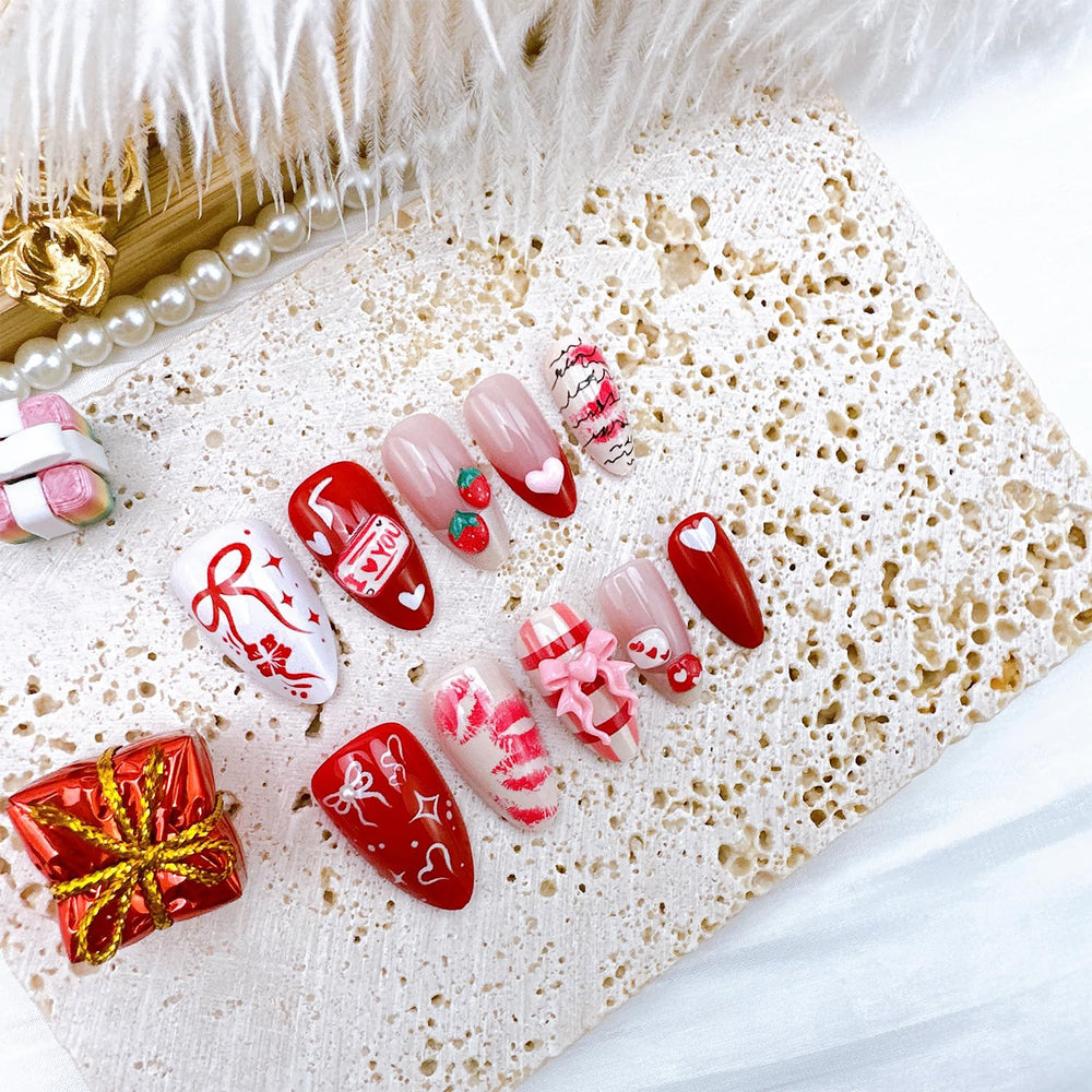 PSBRBAD Valentine nails featuring strawberry bow detail for playful styling