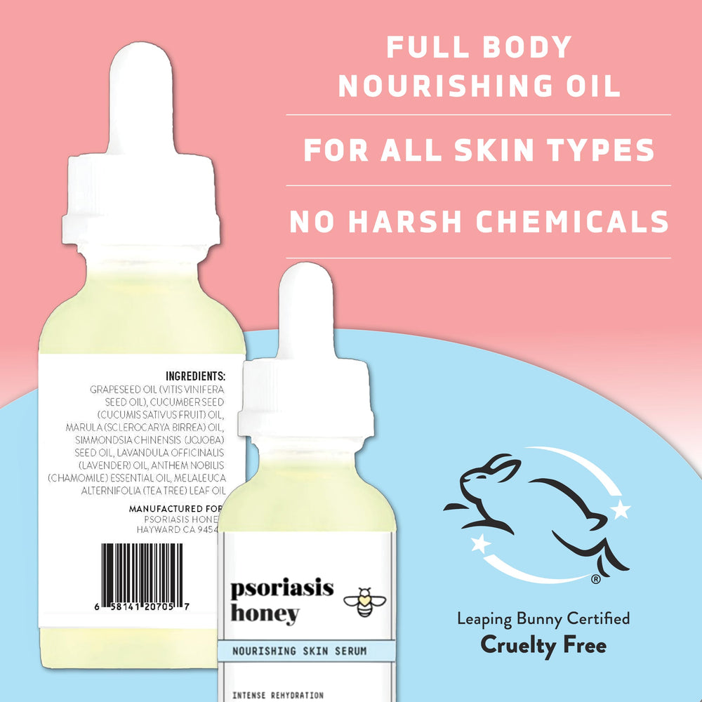 Psoriasis Honey all-over body application bottle showing quick, non-greasy absorption.