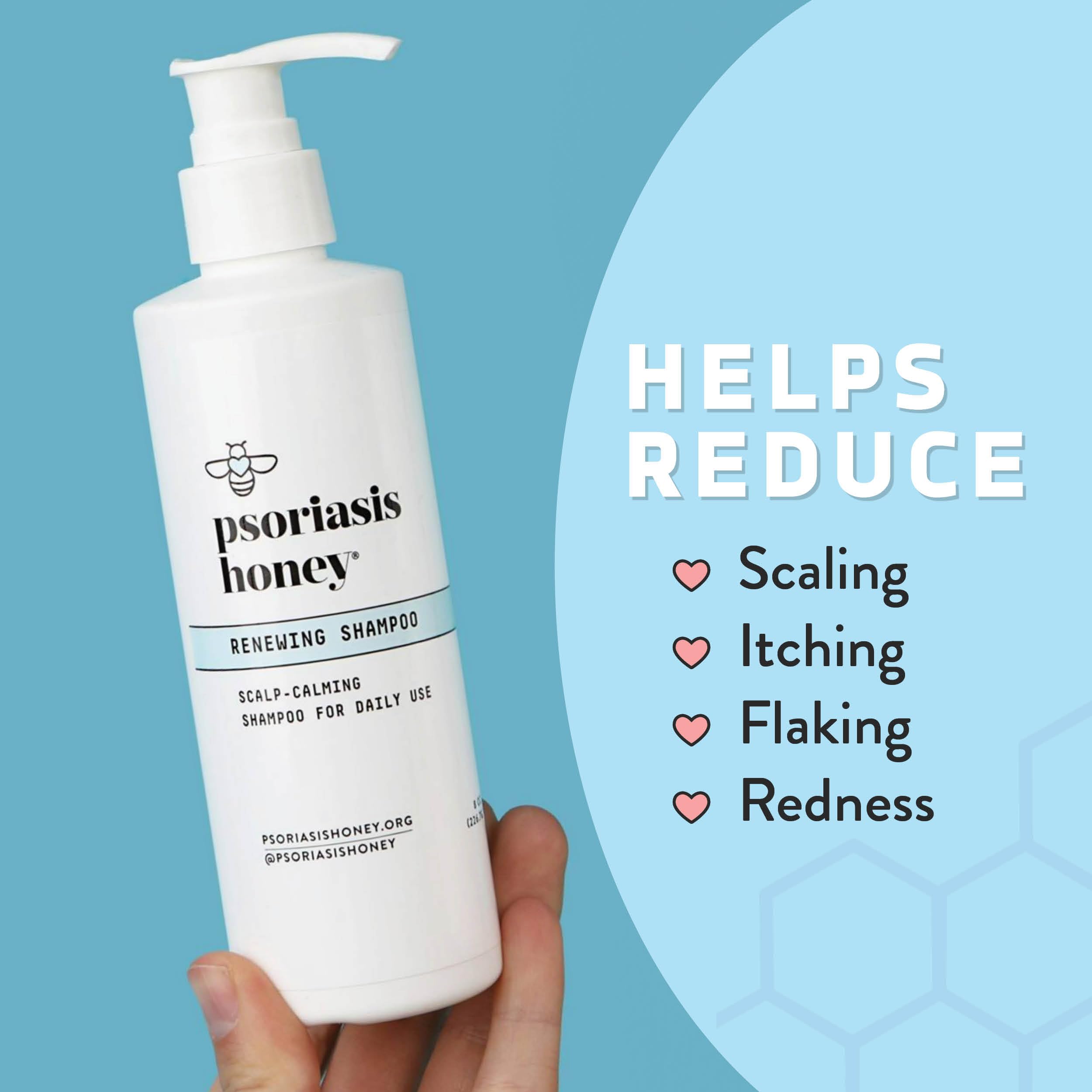 PSORIASIS HONEY Renewing Shampoo with argan oil and aloe for healthy shine.