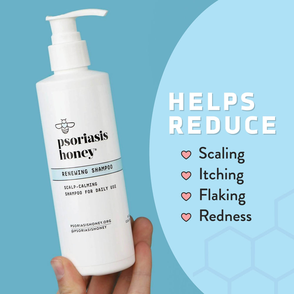 PSORIASIS HONEY Renewing Shampoo with argan oil and aloe for healthy shine.