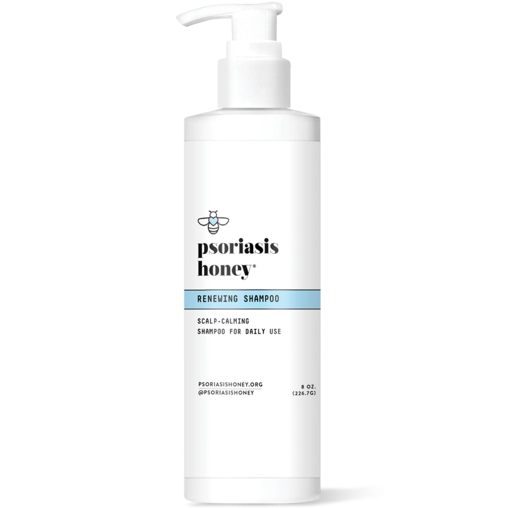 PSORIASIS HONEY Renewing Shampoo bottle pouring for refreshed scalp hydration.