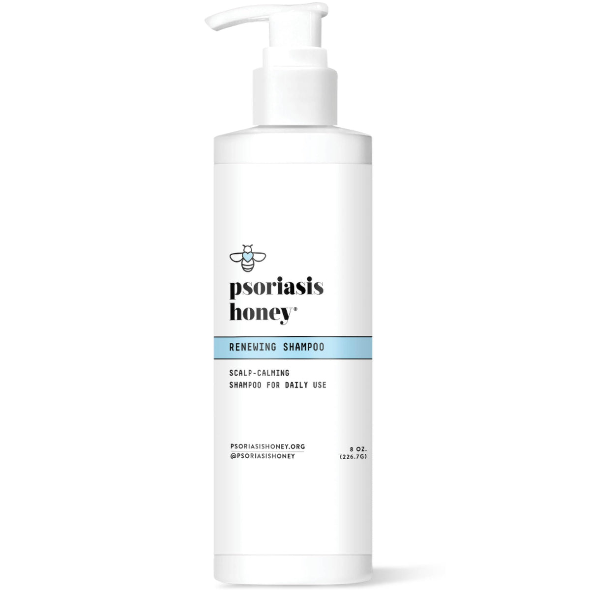 PSORIASIS HONEY Renewing Shampoo bottle pouring for refreshed scalp hydration.