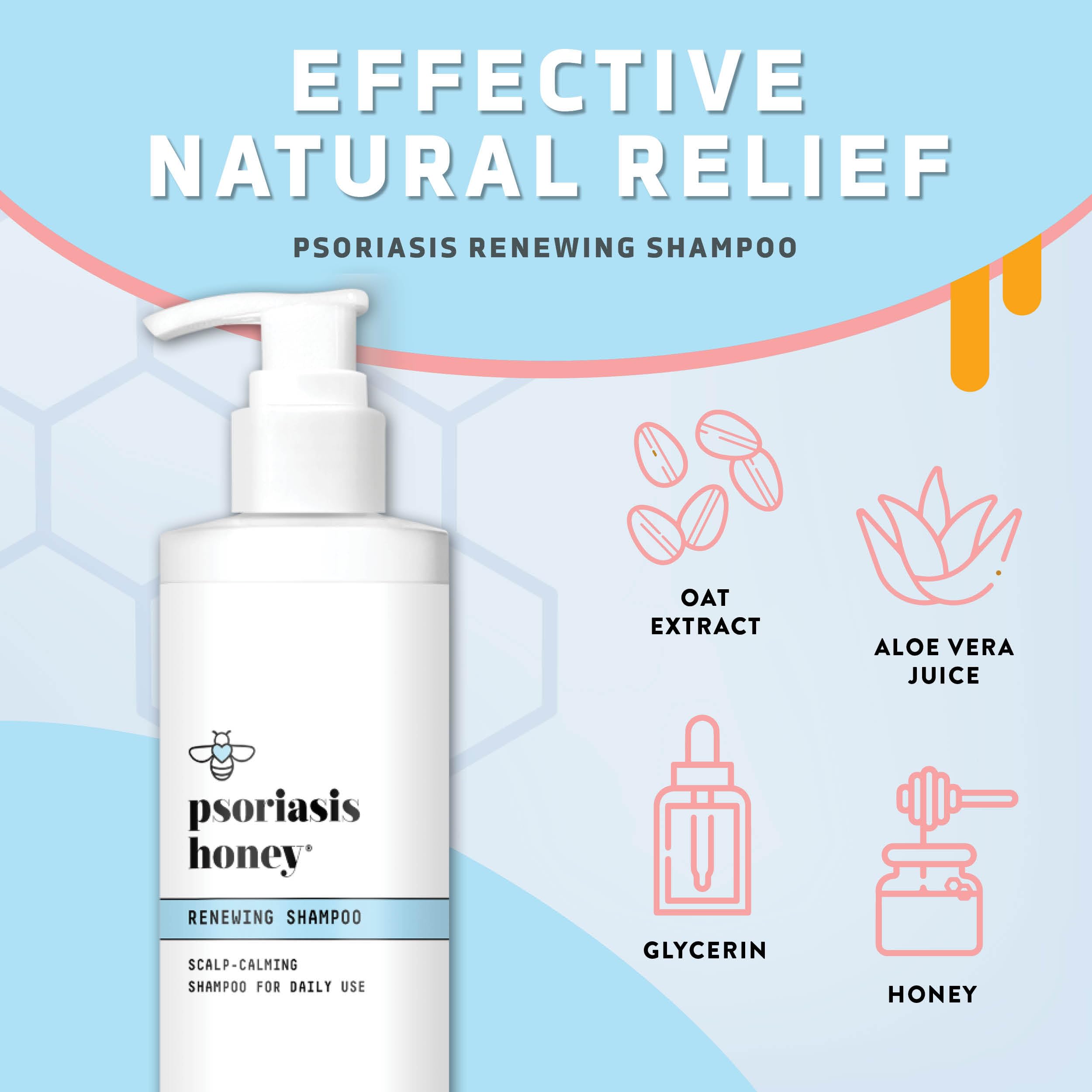 PSORIASIS HONEY Renewing Shampoo label closeup showing natural ingredients.