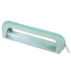 Psyqtsuary small clear makeup bag in light green, front view showing transparent shell for quick access.