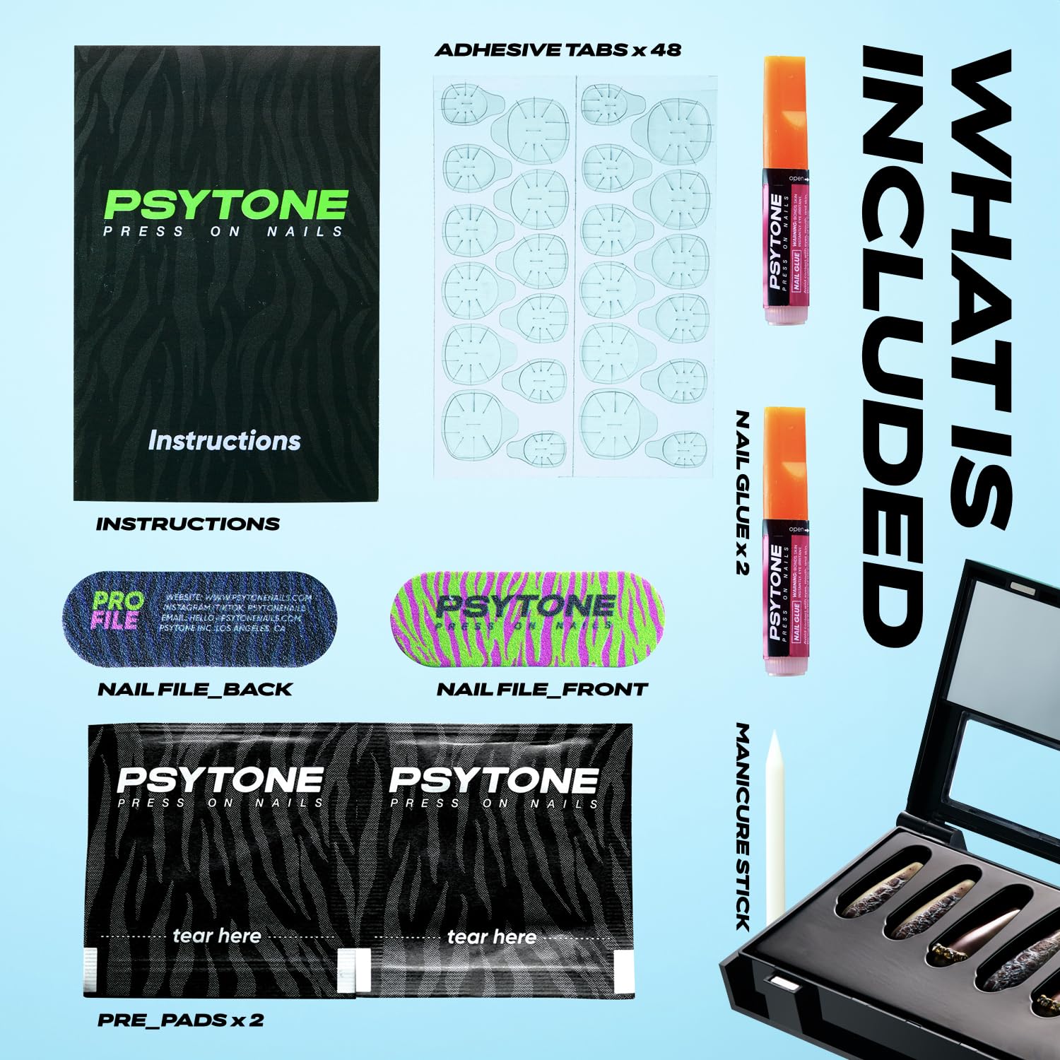 PSYTONE press-on nails kit contents including nails and adhesives.