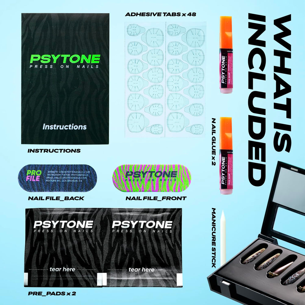 PSYTONE press-on nails kit contents including nails and adhesives.