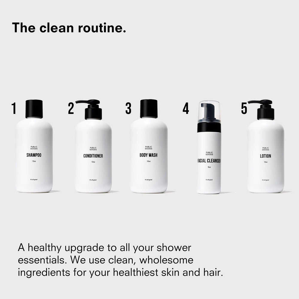 Public Goods Body Wash bathroom scene suggests a clean daily routine.