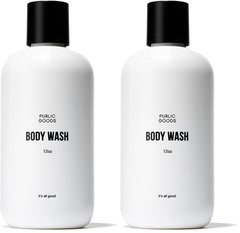 Public Goods Body Wash bottle closeup showing gentle cleansing with essential oils.
