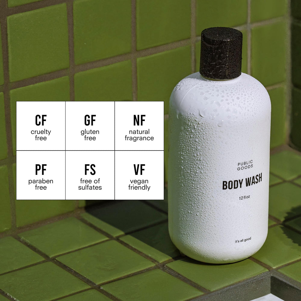 Public Goods Body Wash foam demonstrates rich, mild lather for everyday skin care.
