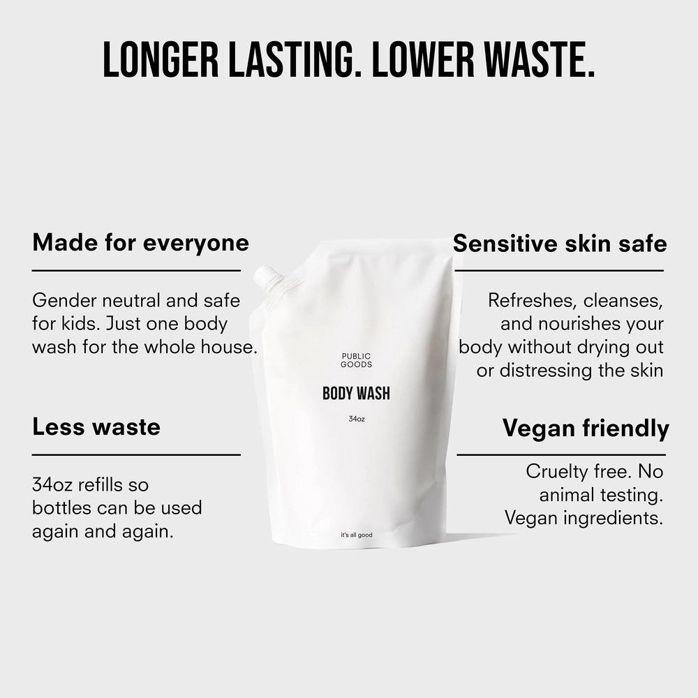Public Goods Body Wash sulfate-free-label bottle emphasizes mild, skin-friendly formula.