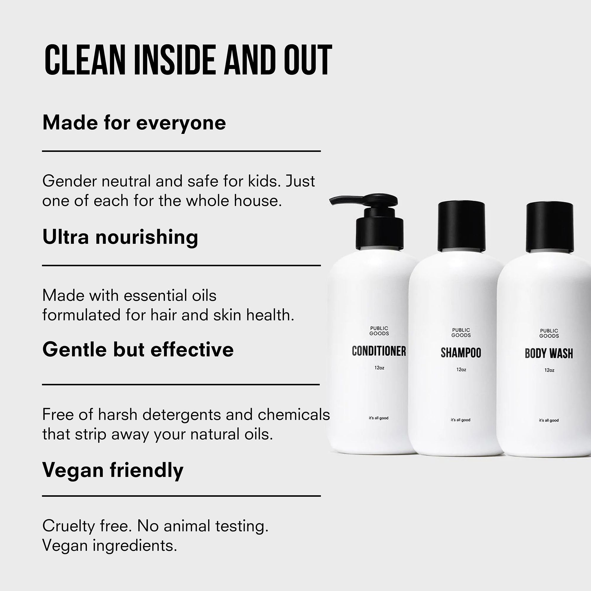 Public Goods essential oils label highlighting organic fragrance for shower.