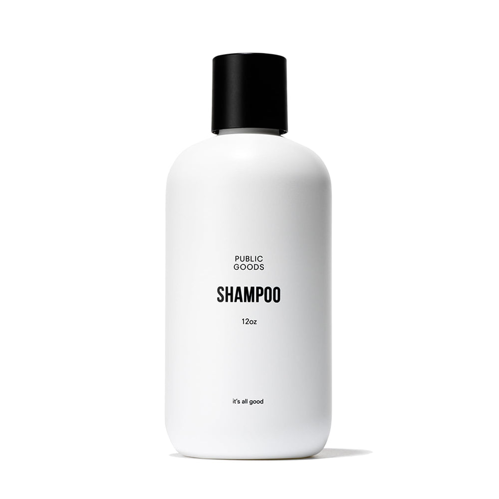 Public Goods shampoo bottle front highlighting gentle cleansing with organic oils.