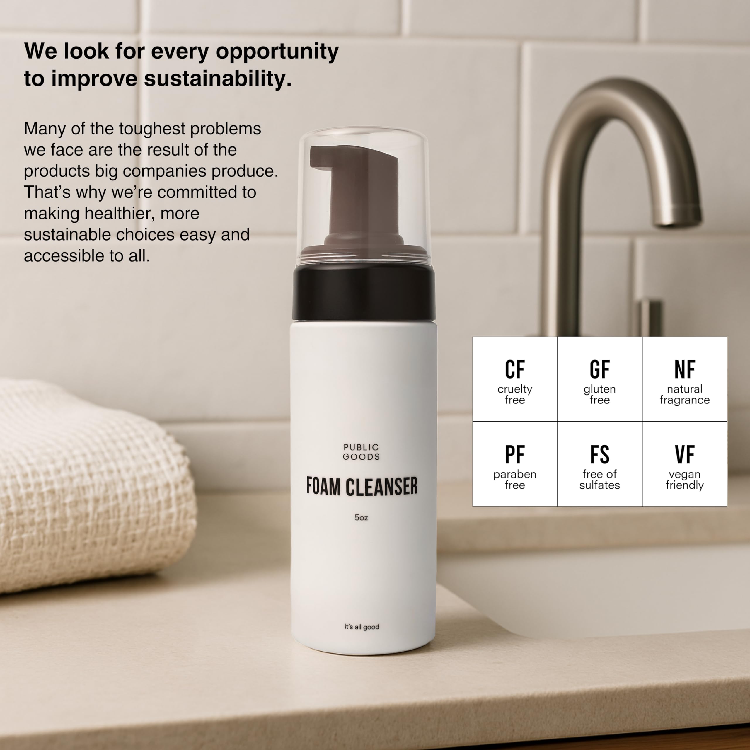Public Goods sustainable packaging close-up emphasizing USA-made ethos