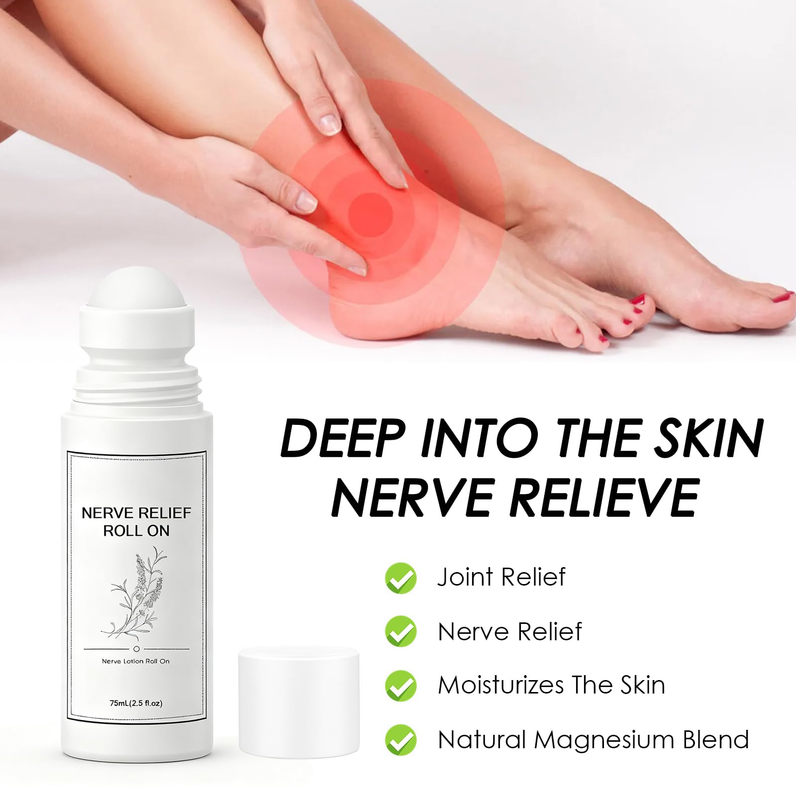 Pucges Nerve Relief Roll-On being applied to skin for targeted comfort.
