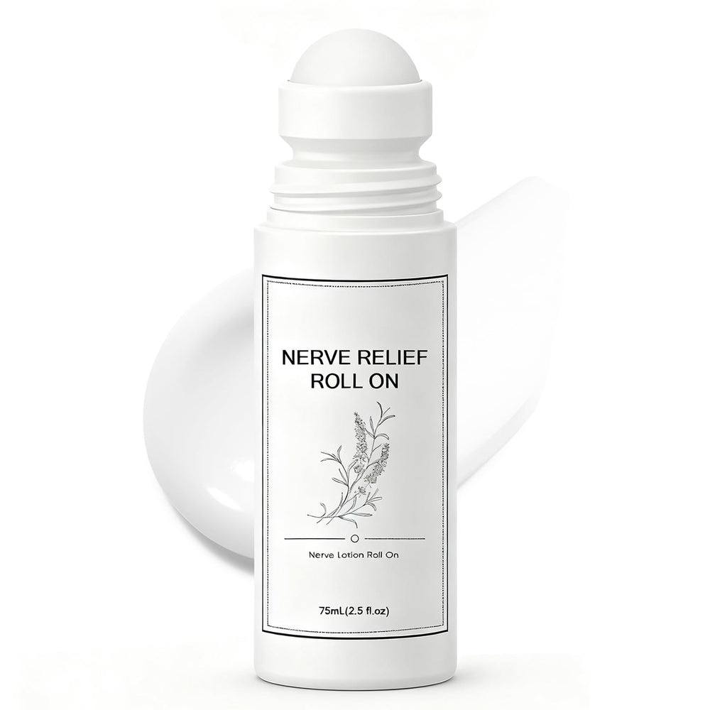 Pucges Nerve Relief Roll-On bottle demonstrates fast-absorbing, non-greasy formula.