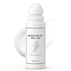 Pucges Nerve Relief Roll-On bottle demonstrates fast-absorbing, non-greasy formula.