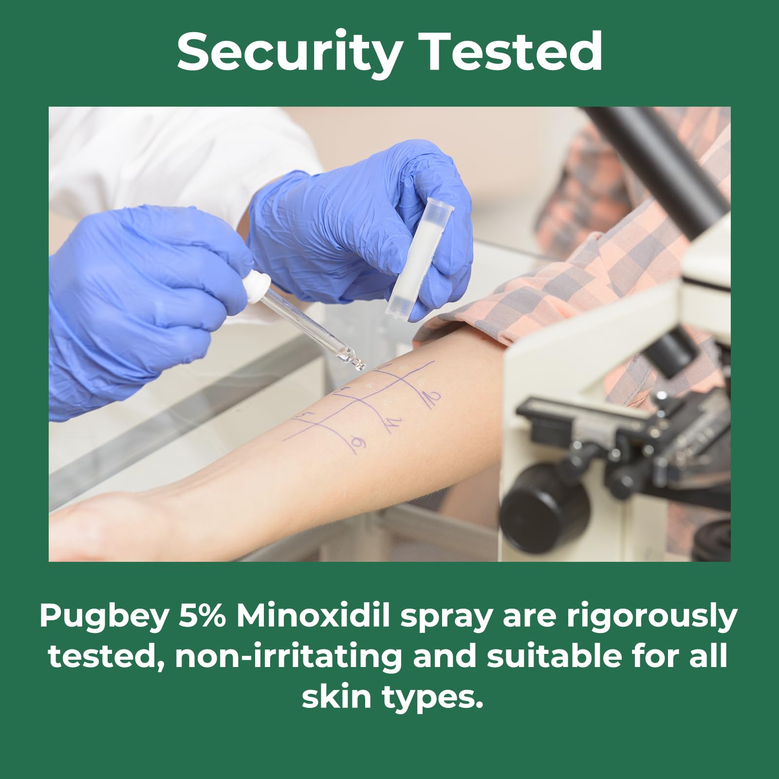 Pugbey minoxidil spray applied to scalp image emphasizes targeted use and absorption.