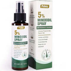 Pugbey minoxidil spray bottle closeup highlighting an odorless formula for discreet daily use.