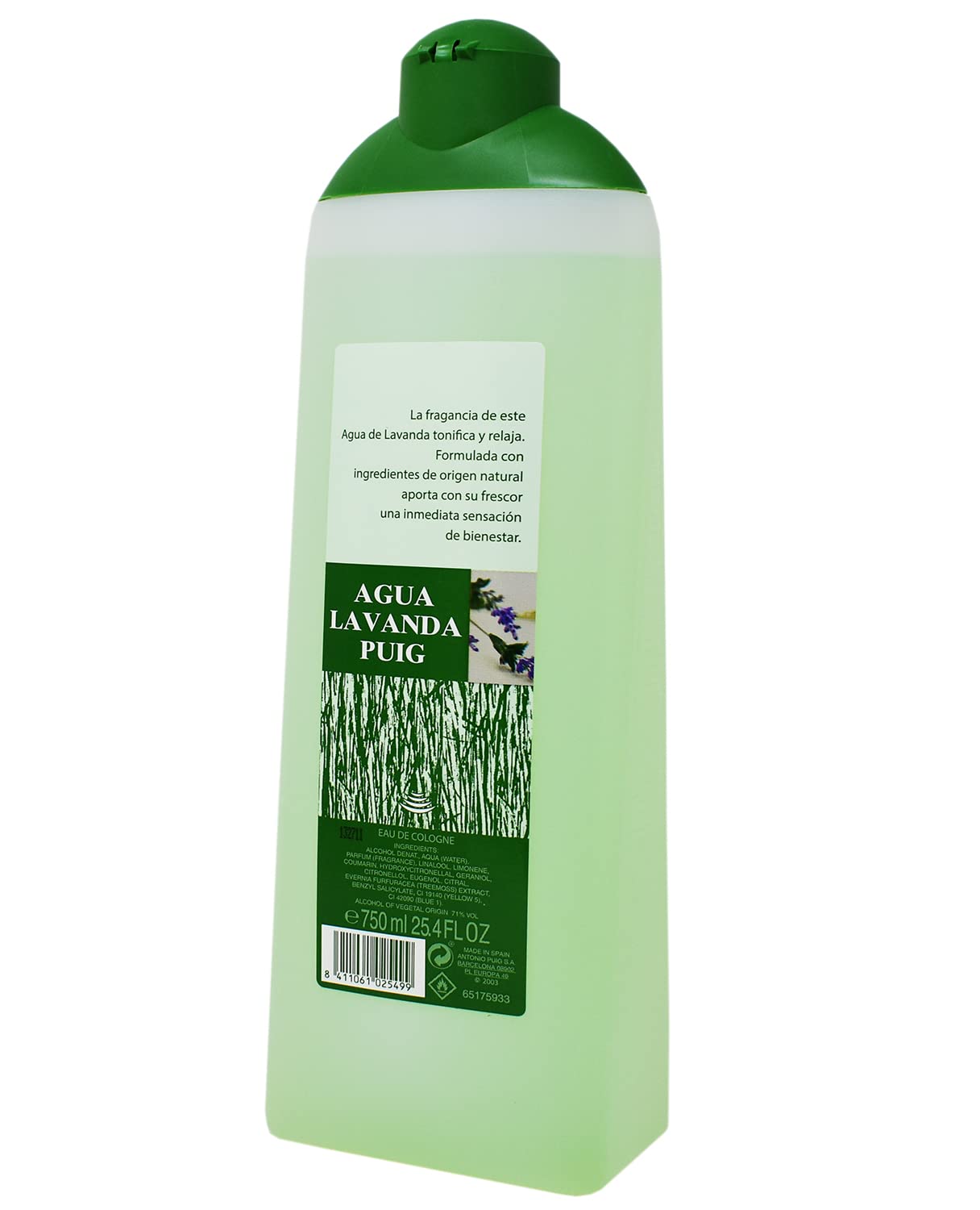 Puig Lavender Water label detail showing Made in Spain and natural ingredients.