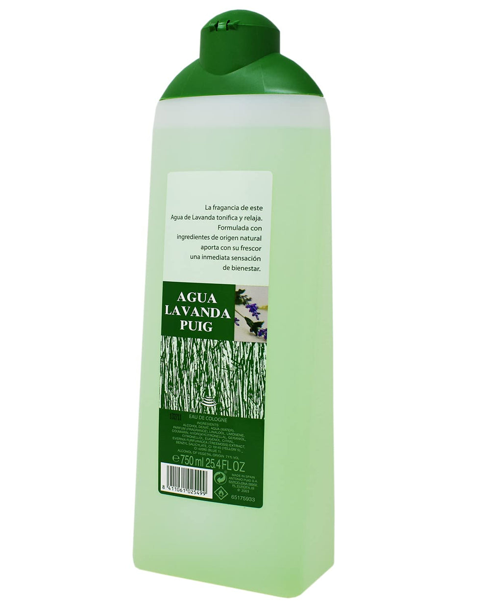 Puig Lavender Water label detail showing Made in Spain and natural ingredients.