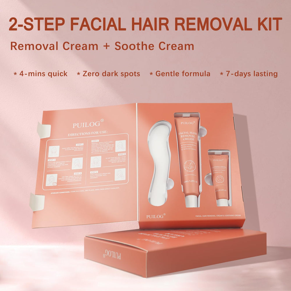PUILOG facial-hair-removal-cream-kit with spatula for mess-free application.